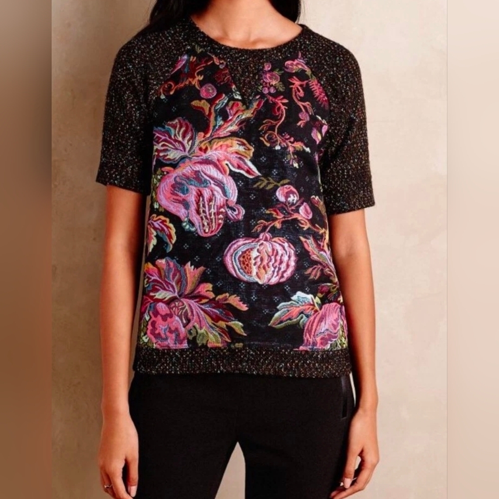 James Coviello Anthro Floral Brocade Metallic Knit Short-Sleeve Sweater Top XS - Picture 3 of 11